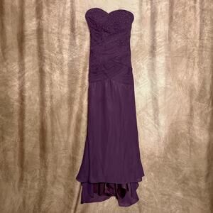 Aurora Formals Strapless Drop Waist Ruched Bodice Beaded Dress Gown Purple Fairy